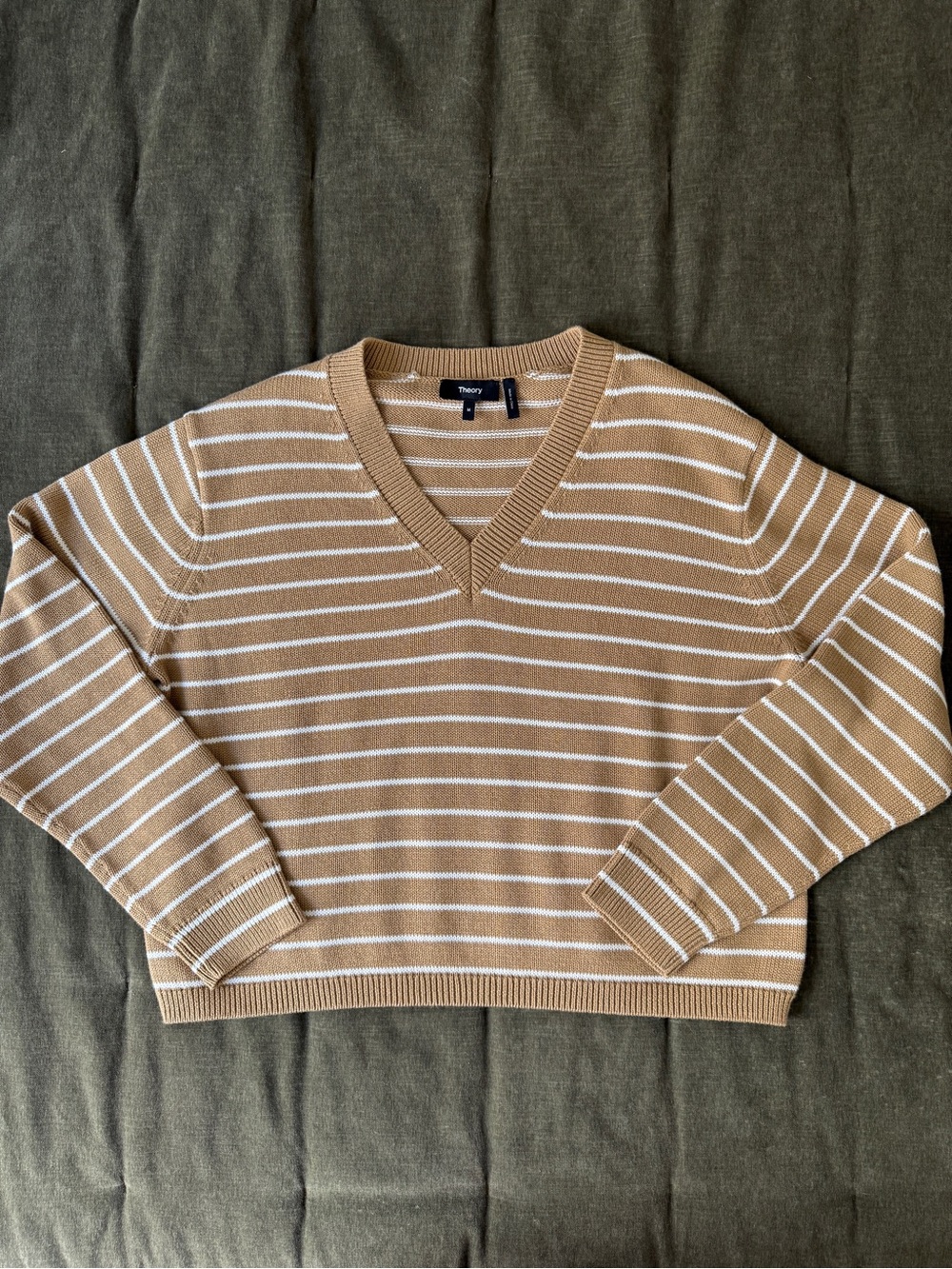 100% Cotton Tan & White Striped V-Neck Sweater by Theory - size M